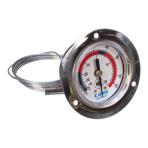 A round, flush-mount analog thermometer with a metal rim, a white dial displaying temperature in Fahrenheit from -40 to 65, and an attached coiled metal probe.