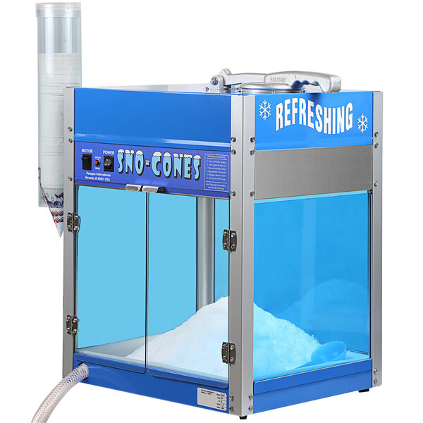 A blue and silver Paragon Polar Point snow cone machine with a blue container.
