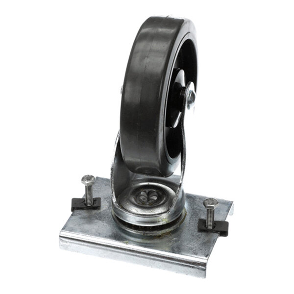 A metal swivel caster with a black wheel mounted on a rectangular metal plate with two bolts.