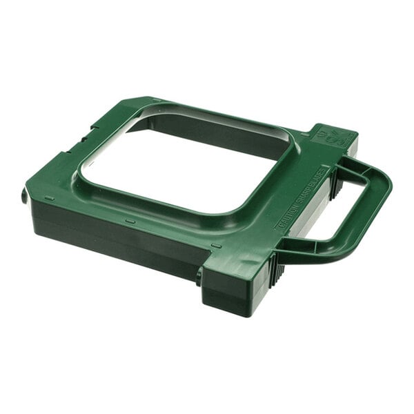 A green plastic rectangular frame with a handle and an open center section.