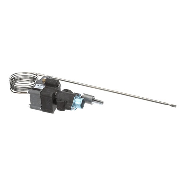 A metal thermostat component with a coiled sensor tube and a long probe attached to a black and silver housing.