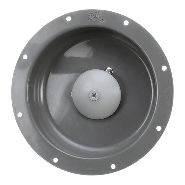 A round, gray recessed handle with a central knob and multiple mounting holes around the edge.