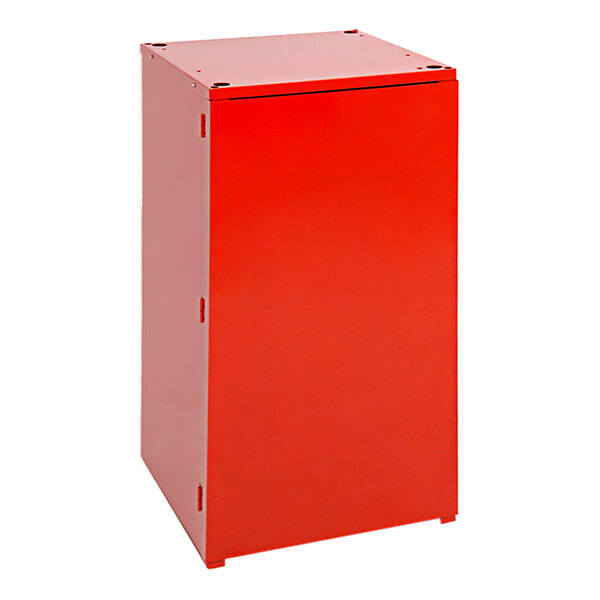 A red metal box with a white door.