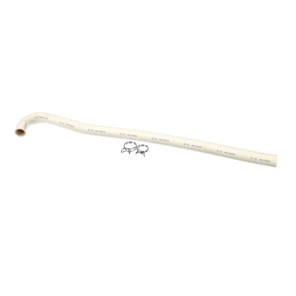 A long, curved white hose with two metal hose clamps placed beside it, shown on a plain white background.
