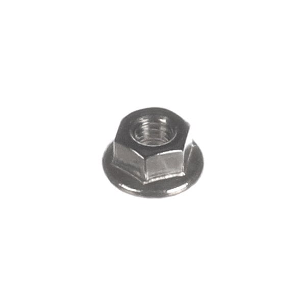 A single metallic hexagonal nut with a built-in washer flange, shown against a white background.