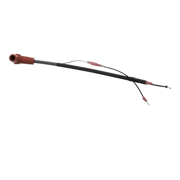 A long black cable with a red connector on one end and two smaller wires with connectors branching off from the other end, set against a white background.
