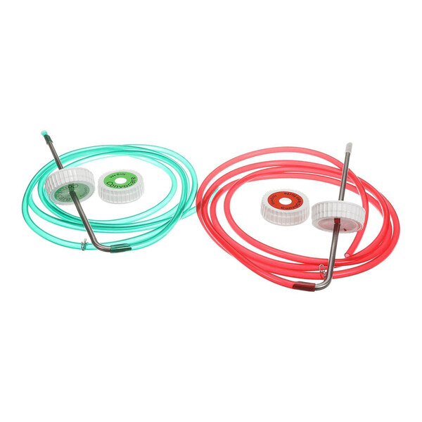 Two coiled hoses, one green and one red, each with a metal tube and white caps, are shown side by side.