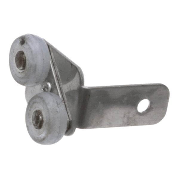 A metal bracket with two small wheels attached, featuring a hole for mounting.