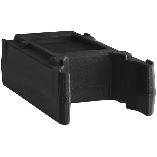 A black rectangular plastic riser with a rectangular bottom for Cambro insulated beverage dispensers.