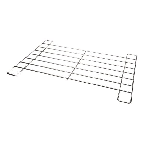 A rectangular metal wire shelf with seven horizontal rungs and four short legs, designed for support and ventilation.