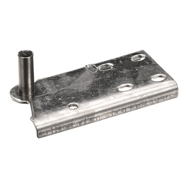 A metal hinge component with multiple screw holes and a cylindrical pin on one end, designed for mounting.