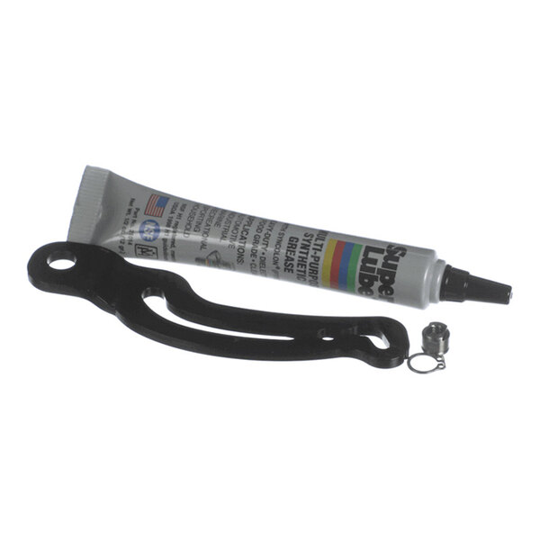 A black metal bracket, a small tube of lubricant, and a small metal fastener with a ring are shown against a white background.
