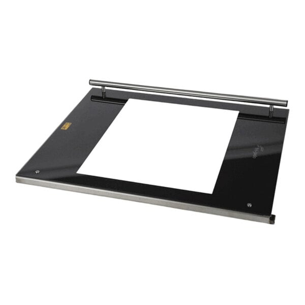 A rectangular black and silver panel with a square cutout in the center and a horizontal metal handle at the top.