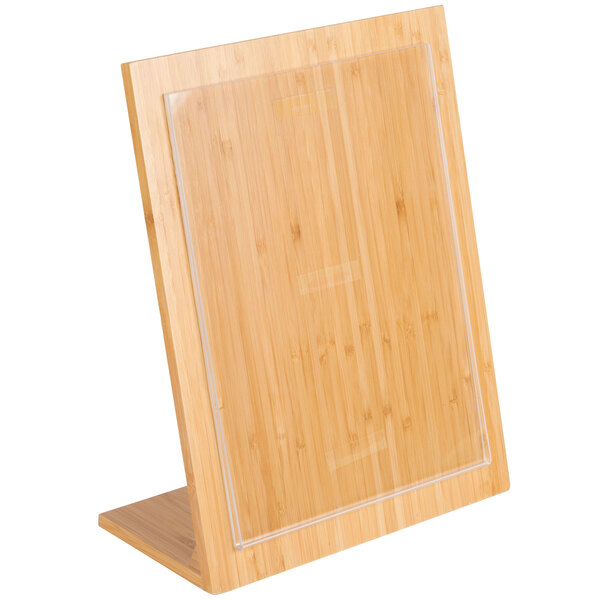 A wooden stand with a clear acrylic cover, designed to display a single sheet of paper or menu.