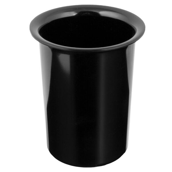 A black, cylindrical container with a flared rim, made of a glossy material.