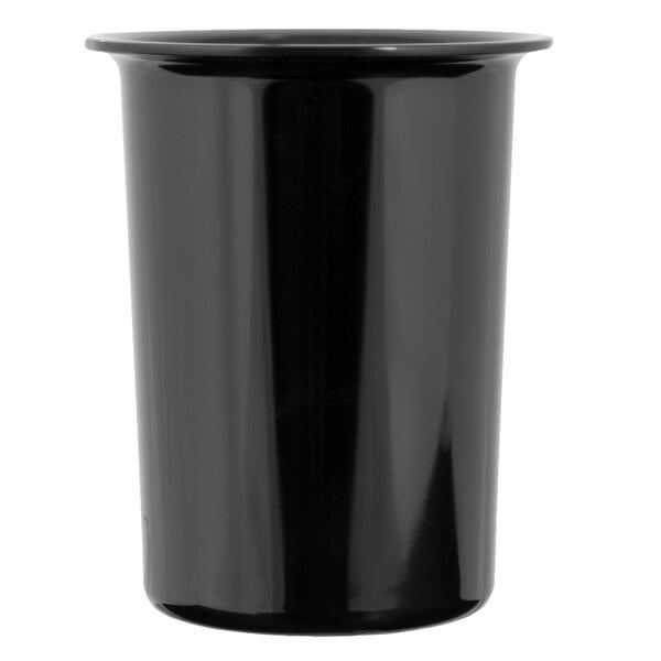A black, cylindrical container with a slightly flared rim and a smooth, glossy finish.