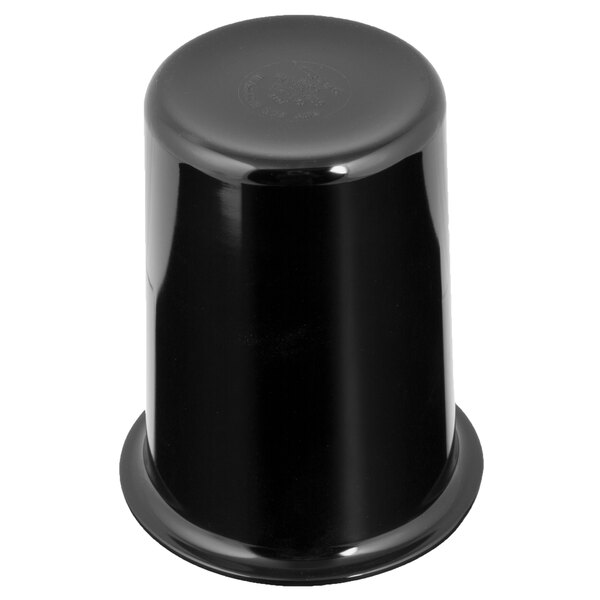 A black, cylindrical container is shown upside down against a white background.