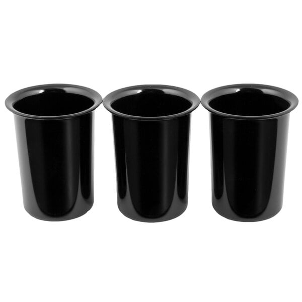 Three black, cylindrical containers with flared rims are arranged side by side against a white background.