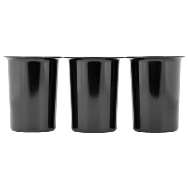 Three black cylindrical containers are aligned side by side against a white background.