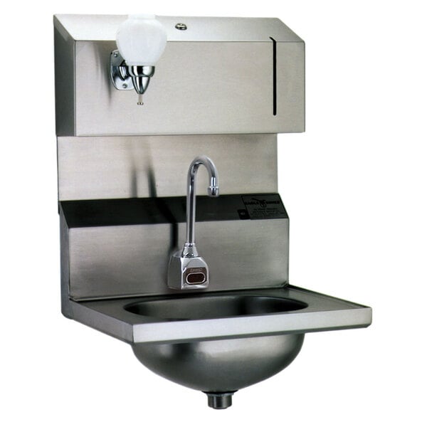 A stainless steel Eagle Group hand sink with a gooseneck faucet and soap dispenser.