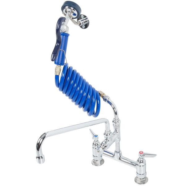 A T&S aluminum pet grooming faucet with a blue hose.