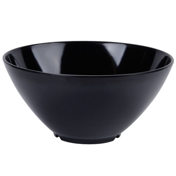 A glossy black round bowl with a wide opening and a small base, shown against a white background.
