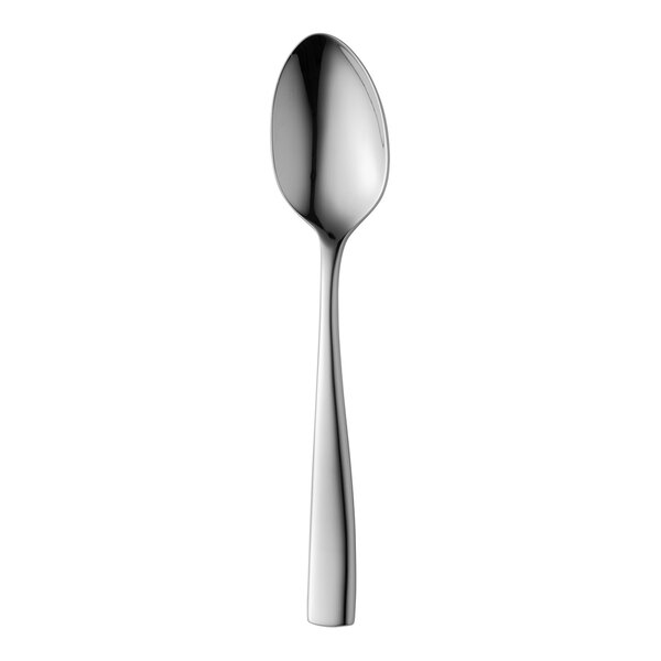 A shiny, stainless steel spoon with a simple, modern design is shown against a white background.