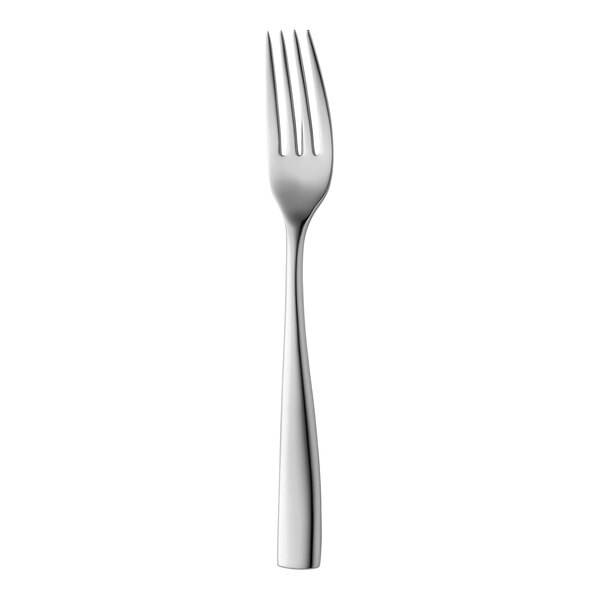 A shiny, four-pronged metal fork with a smooth, slightly curved handle, shown against a white background.