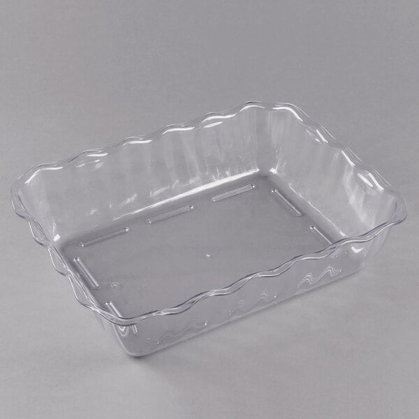 A clear, rectangular plastic container with wavy edges and a smooth bottom, shown on a plain background.