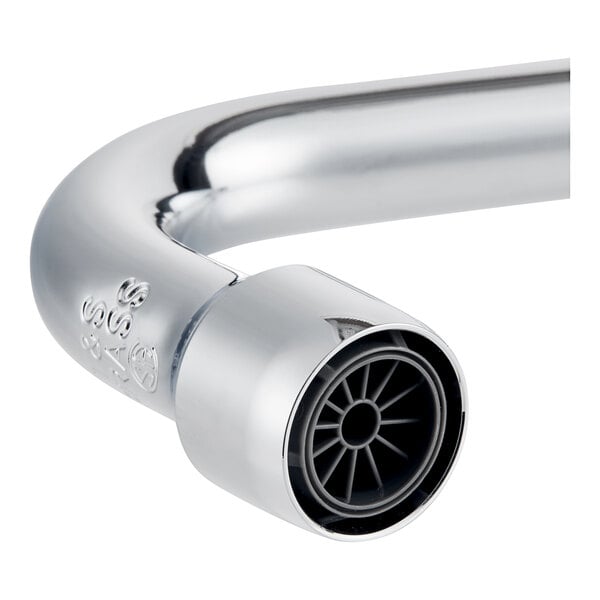 A chrome T&S wall mount pet grooming faucet with black hoses.