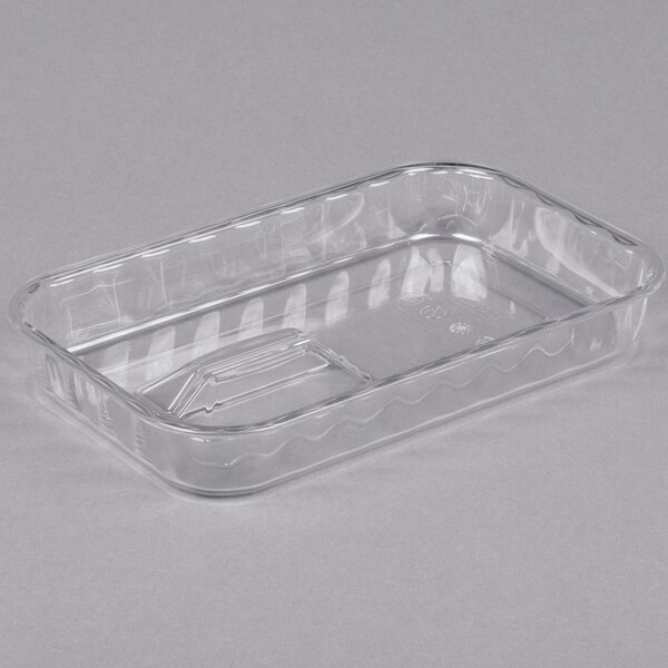 A clear, rectangular plastic container with slightly wavy sides and a flat bottom, shown without a lid.