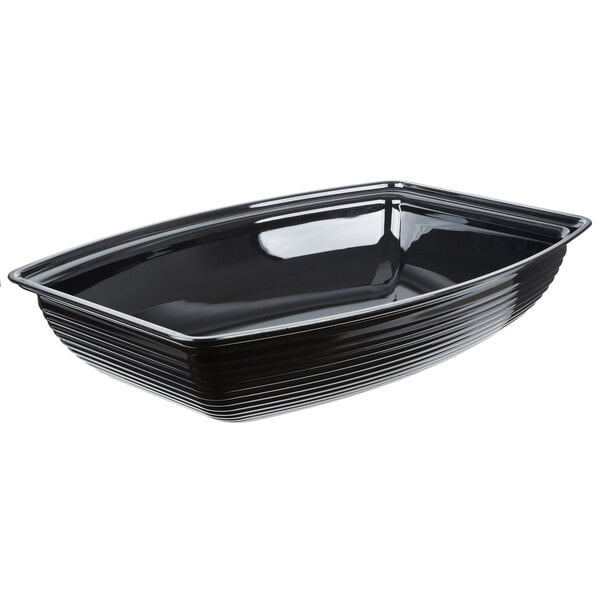 A black, rectangular, ribbed bowl with a glossy finish.