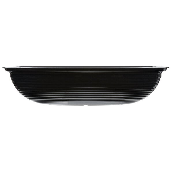 A black, rectangular, ribbed bowl with a shallow depth and smooth rim, shown in a side profile view.