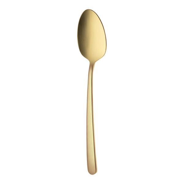 A gold-colored metal spoon with a smooth, satin finish is shown against a white background.