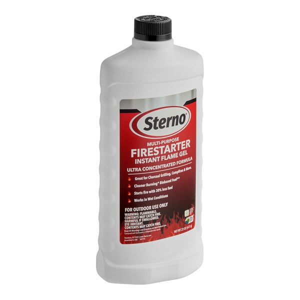A white plastic bottle with a black cap and a red label indicating it is Sterno multi-purpose firestarter instant flame gel.