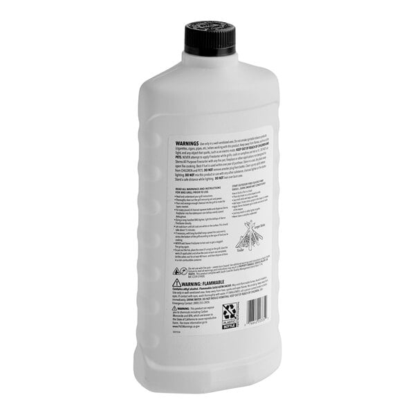 A white plastic bottle with a black cap and a warning label on the back.