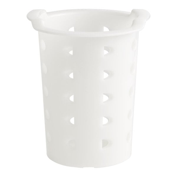 A white, cylindrical plastic container with multiple perforated holes on its sides.