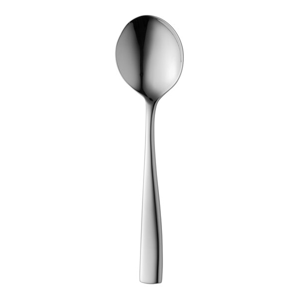 A shiny, stainless steel spoon with a round bowl and a slightly tapered handle is shown against a white background.