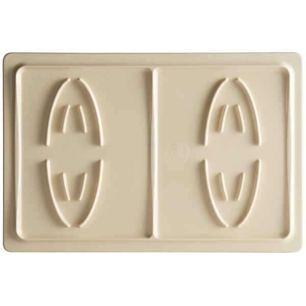 A rectangular, beige board with two symmetrical oval patterns and a central dividing line.
