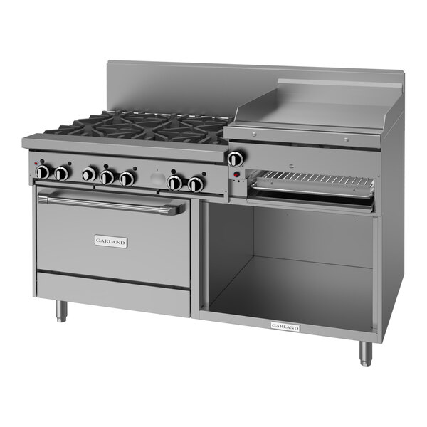 A commercial stainless steel 60-inch range with six burners, a raised griddle/broiler, a standard oven, and a storage base.