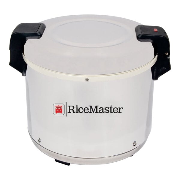 A silver Town commercial rice warmer with black handles.