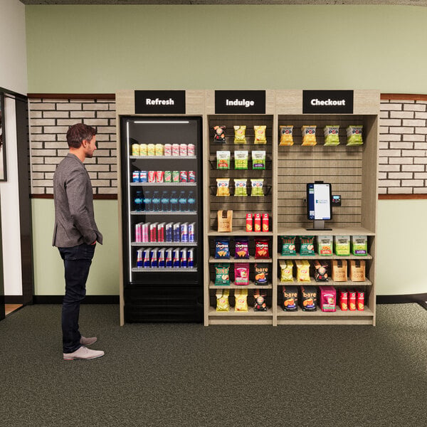Three Square Market Small Market 98 1/4" x 34" x 88" Micro Market Kiosk Bundle with 1 Cooler and Go Minix 15" Touchscreen Checkout Kiosk