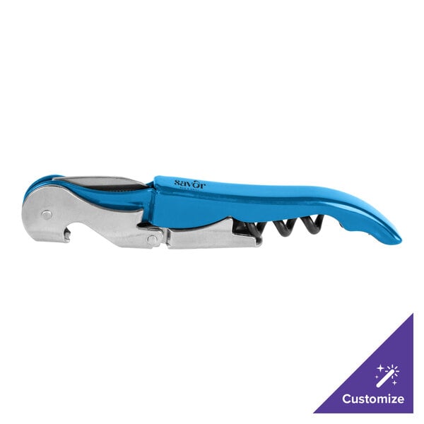 A blue and silver waiter's corkscrew with a foldable design, shown in a closed position.