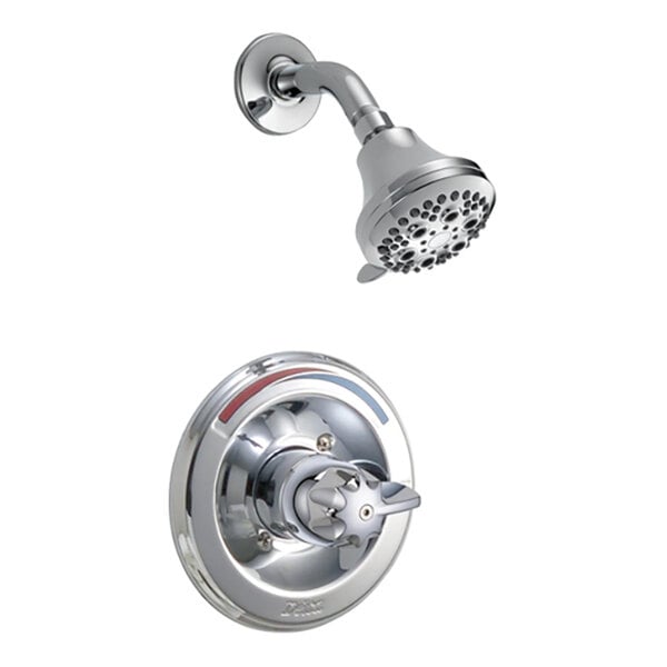 A chrome-finished shower trim kit with a round showerhead and a matching round temperature control handle.