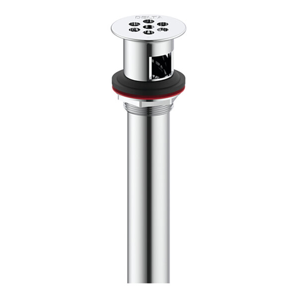 A metallic cylindrical sink drain with an open grid strainer on top and a threaded section with a black and red gasket.