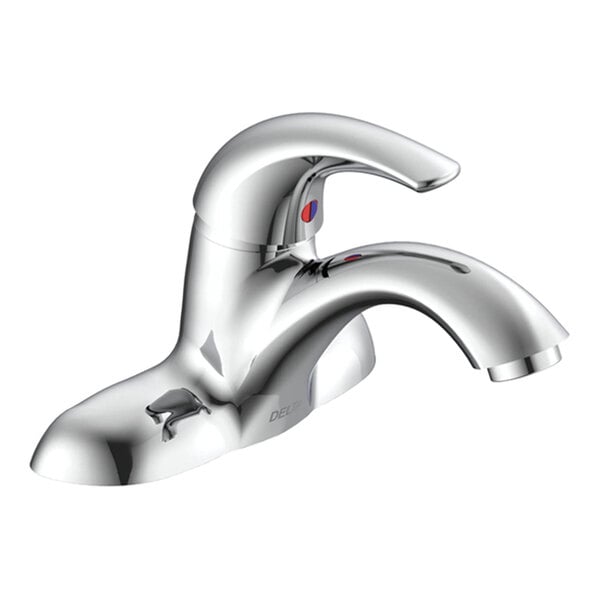 A chrome-finished single-handle faucet with a curved spout and a deck plate, designed for deck mounting.