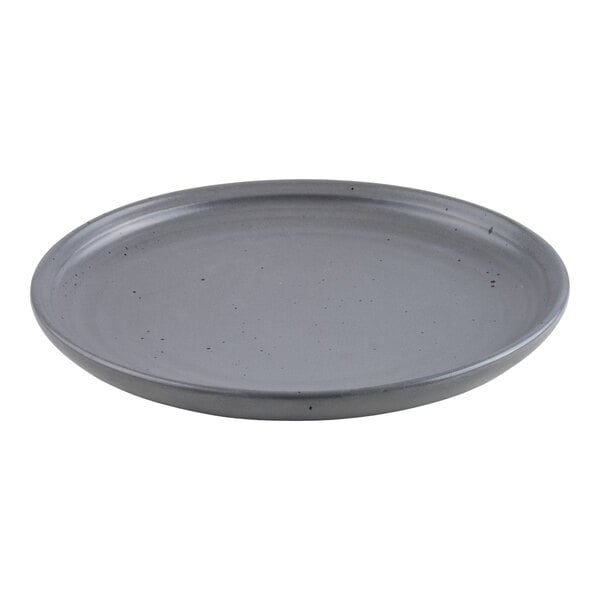 A round, gray plate with a slightly raised rim and a smooth, matte finish featuring small speckled details.