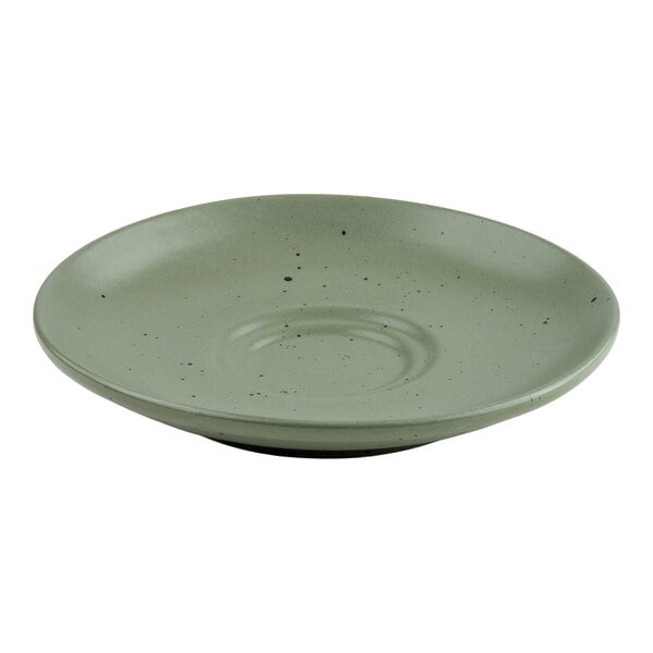 A round, green saucer with a slightly raised rim and subtle speckled pattern.