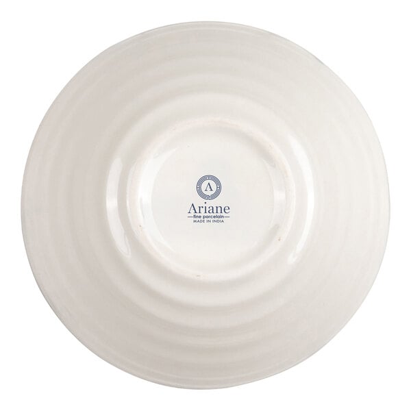 A round, ivory-colored porcelain bowl shown upside down with a logo and text at the center.