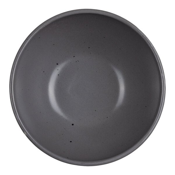 A round, gray bowl with a smooth surface and small black speckles, viewed from above.